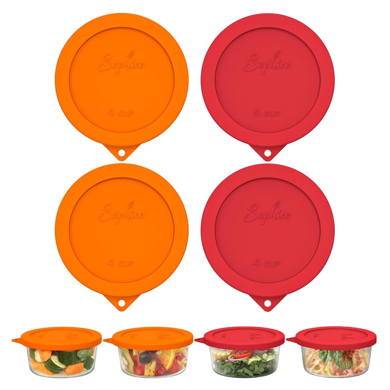 Sophico 4 Cup Round Silicone Storage Cover Lids Replacement for Anchor Hocking and Pyrex 7201-PC Glass Bowls (Container not Included) (Red-Orange) 4 Pack - Image 1